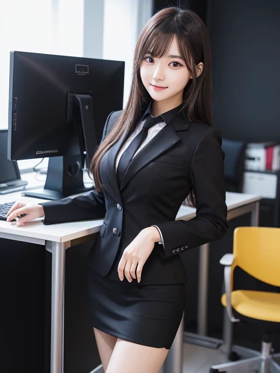 ((glistning skin))、女の子1人、 beautiful girl in Prague、bright expression、with round face、Glossy glossy skin、(Medium Hair)、eye liner、Beautiful bangs、Hair between the eyes、Digital SLR、Soft light、hightquality、natural soft light、Looking at the camera, Soft smile、Secretary, black business suits, black suits(high-heels), High floor office background、Black tight skirt, a computer, personal computers,Independent and beautiful standing figure