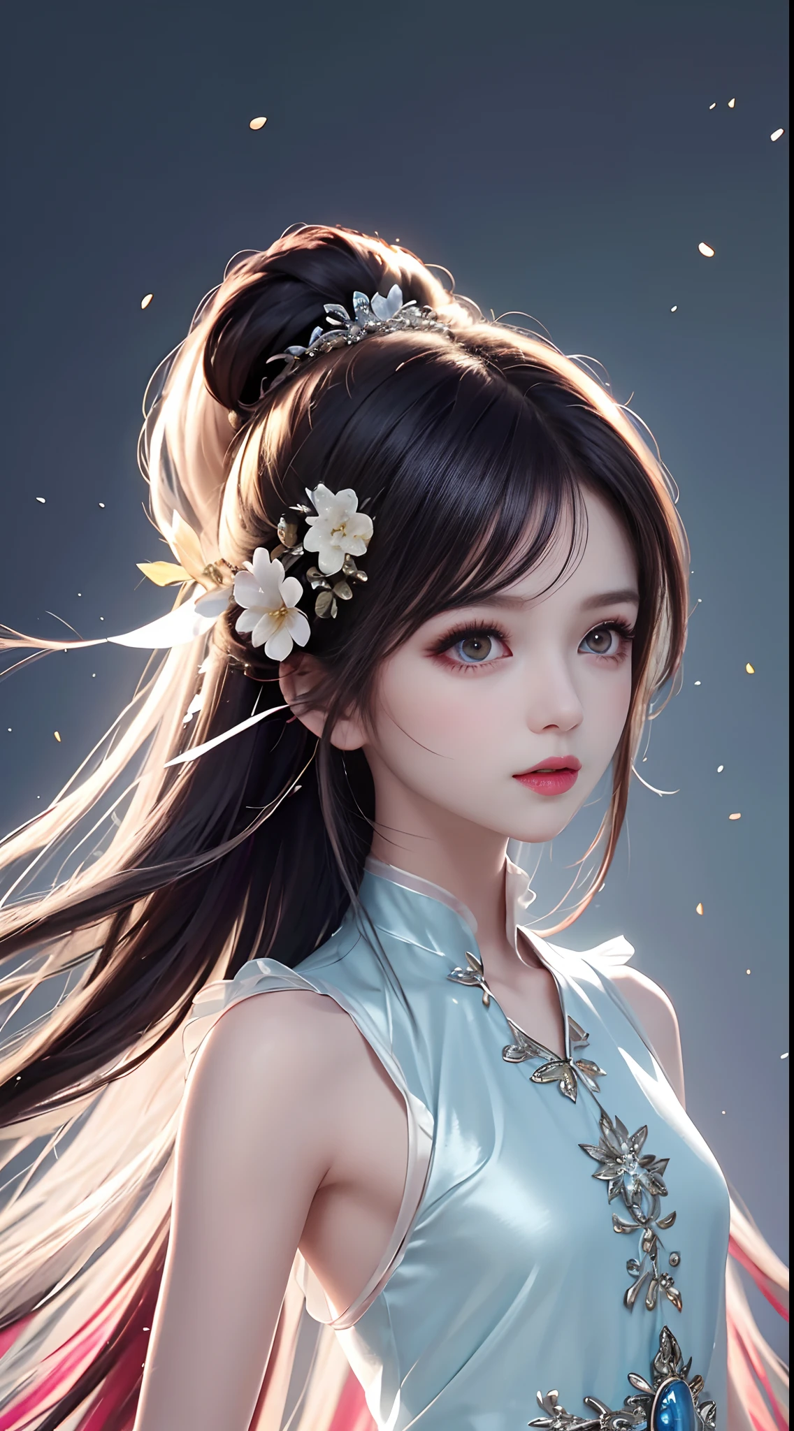 (Pink fashion T-Camisa,:1.9),(Colorful hair:1.8),(Rainbow all colors:1.8),((((Vertical painting:1.6))),(painterly:1.6),front side,comic,illustration,painterly,with big eyes,Crystal clear,(Iridescent gradient high ponytail:1.7),elaborate makeup,closed Mouth,(Small fresh:1.5),long lashes,White shoulder T- Camisa,, White Shoulder Shirt,looking at the viewers,watery big eyes,(rainbow color Hair:1.6), Color Splash, (solo:1.8), Color Splash, Color explosion, Color Splash, Color explosion, Thick lacquer style,Messy lines,((Shiny,)) ,(colorful,,,,), Thick Paint Style, (Splash) (Color Splash), Vertical Painting, upper body, Paint Splash, Acrylic Pigment, Gradient, Paint, Highest Image Quality, the highest picture quality, Masterpiece, Solo, depth offield, Face Paint, colorful clothes, (elegence: 1.2), Ornate, long haired, aeolian, (elegence: 1.3), (petaled: 1.4),(((master masterpiece))),(((the best quality t))),((ultra Detailed)),(illustartion),(Dynamic Angle),((floating)),(painti),((Loose hair)),(solo),(1girl) , (( (Detailed anima face))),((Beautiful detailed face)),collars,Shoulders exposed,White Hair,((colourfel hair)),((streaked hair)),Beautiful detailed eyes,(Gradient eyes),(( (color eyes))),(((colorfully background))),(((high satur))),(((Surrounded by colorful splashes))),()Hanfu)