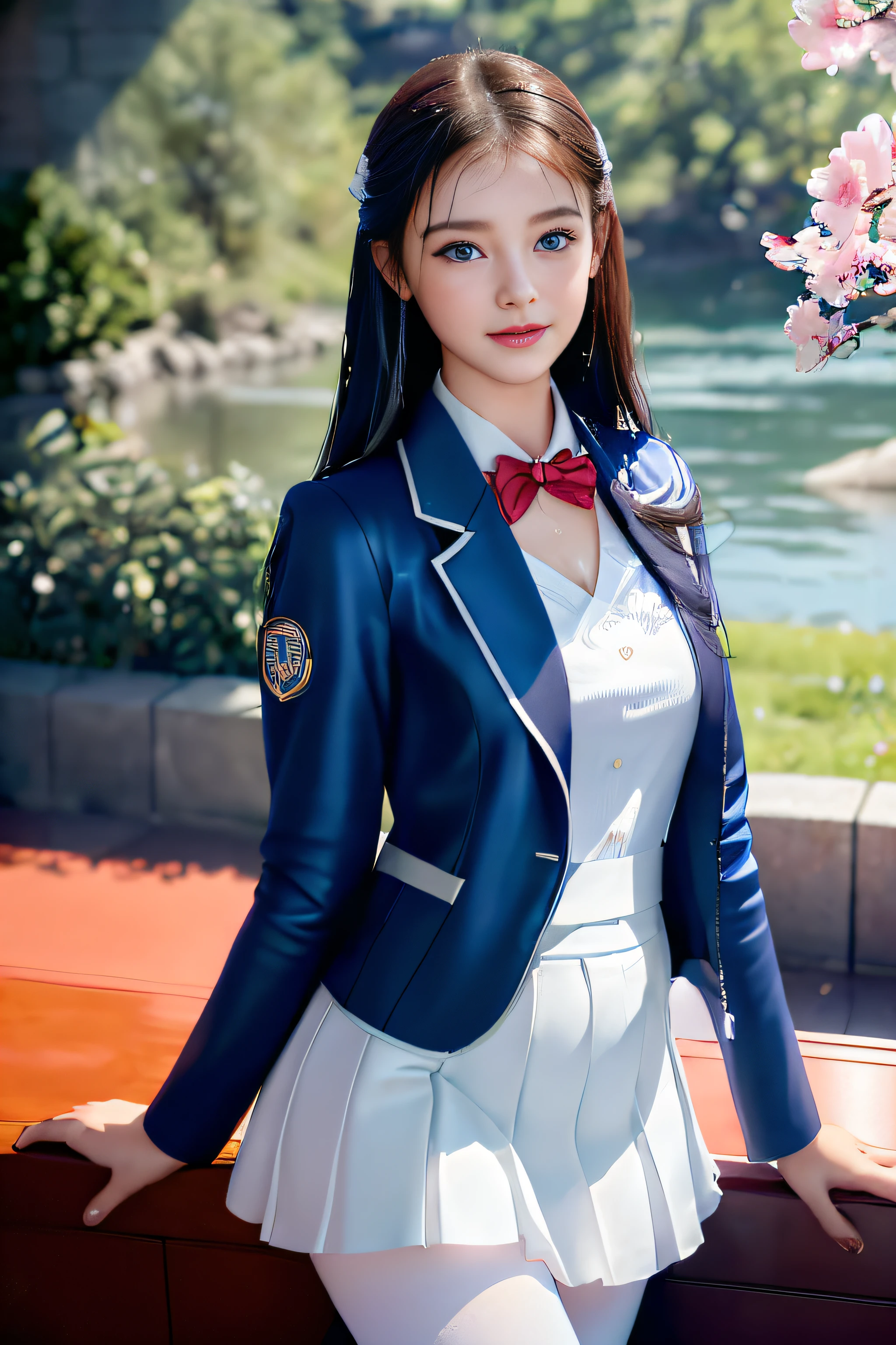 best qualtiy,tmasterpiece,hight resolution,1girll,dingdall effect,realisticlying,edge lit,two tone lighting,(highdetailskin:1.2),8K UHD,pure,Dolce,flowers background,Colorful background,Based on physical rendering,Perfect Light and Shadow,extreme hight detail,Pink tones,eye reflections,Raised sexy,perfect bodies,Superb Beauty,largeeyes,long eyelasher,Delicate eyes,(blue eyess)、big shiny eyes,Small pupil reflex,Shoulder and neck details,The texture of the pupil is delicate,Perfect eyes,black pupils,best qualtiy,tmasterpiece,16 K,a picture,head portrait,Bigchest,Medium size breasts,Delicate avatars,(( standing in the waiting room by the lake)),((female students、校服),((Wet Navy Blue Jacket、Front opening、emblem on breasts))、)(Wet translucent white blouse)、(red bowtie,)(White flared skirt),(Black pantyhose),(Black loafers)、(a smile)、((she is soaking wet)),