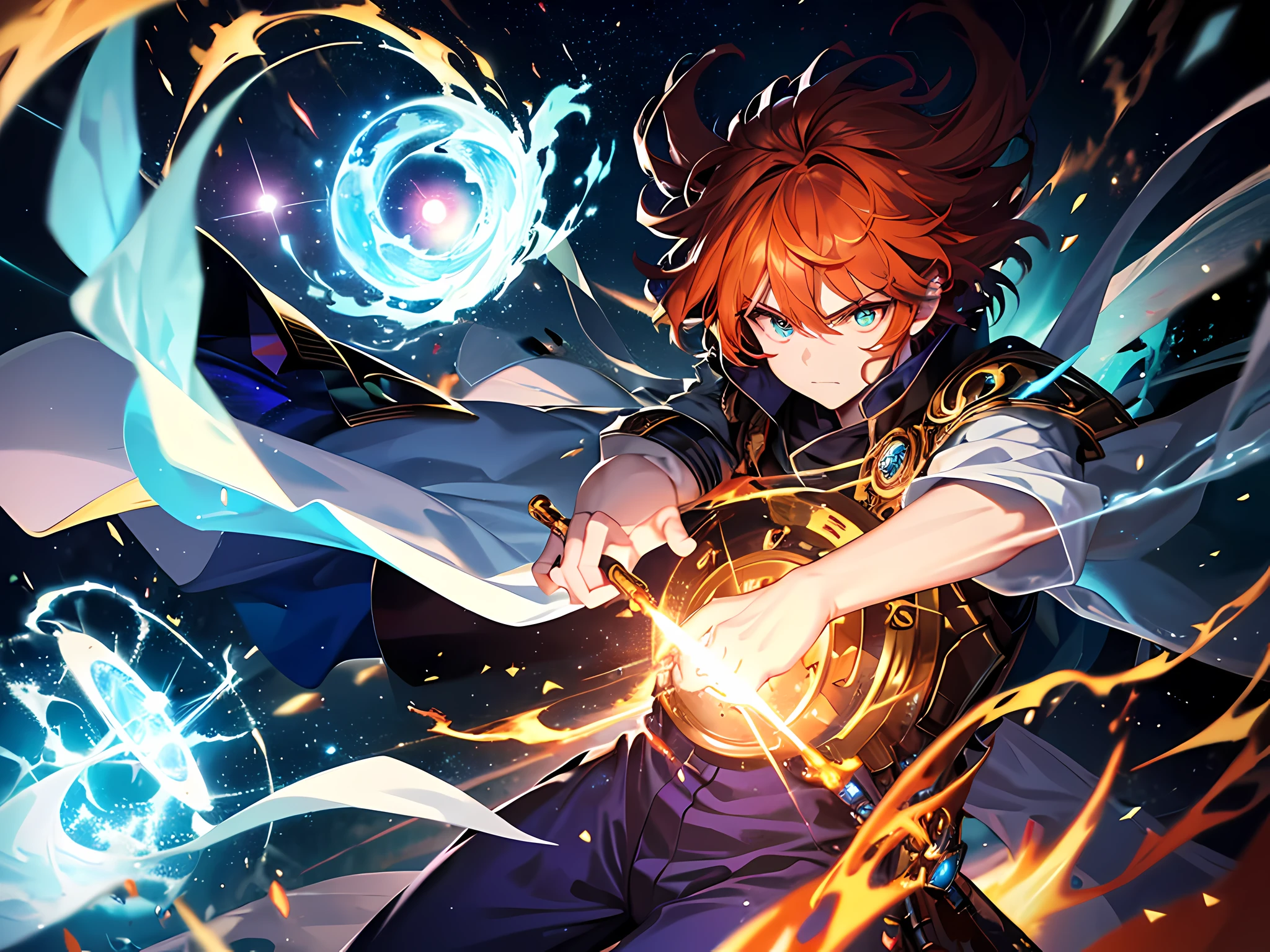 (ultra-detailed, full body illustration, perfect pixel, highres, best quality, beautiful eyes finely detailed), (full body:0.8), 19 years old boy, have power like demon god in manhwa, full of demonic aura, angry facial expression, red eye color (glowing green eyes), orange hair (half of his hair covered with blue flame), with demon king outfit, elegant, realistic fire, the background is full of magical particles and realistic blue fire. lens flare, glowing light, reflection light, motion blur, 8k, super detail, accurate, best quality, Ray tracing.