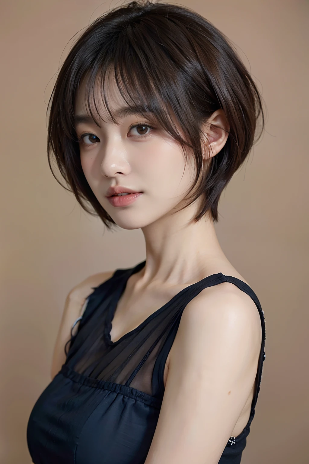 Woman in her early 30s、dark brown hair、short-hair、simple background