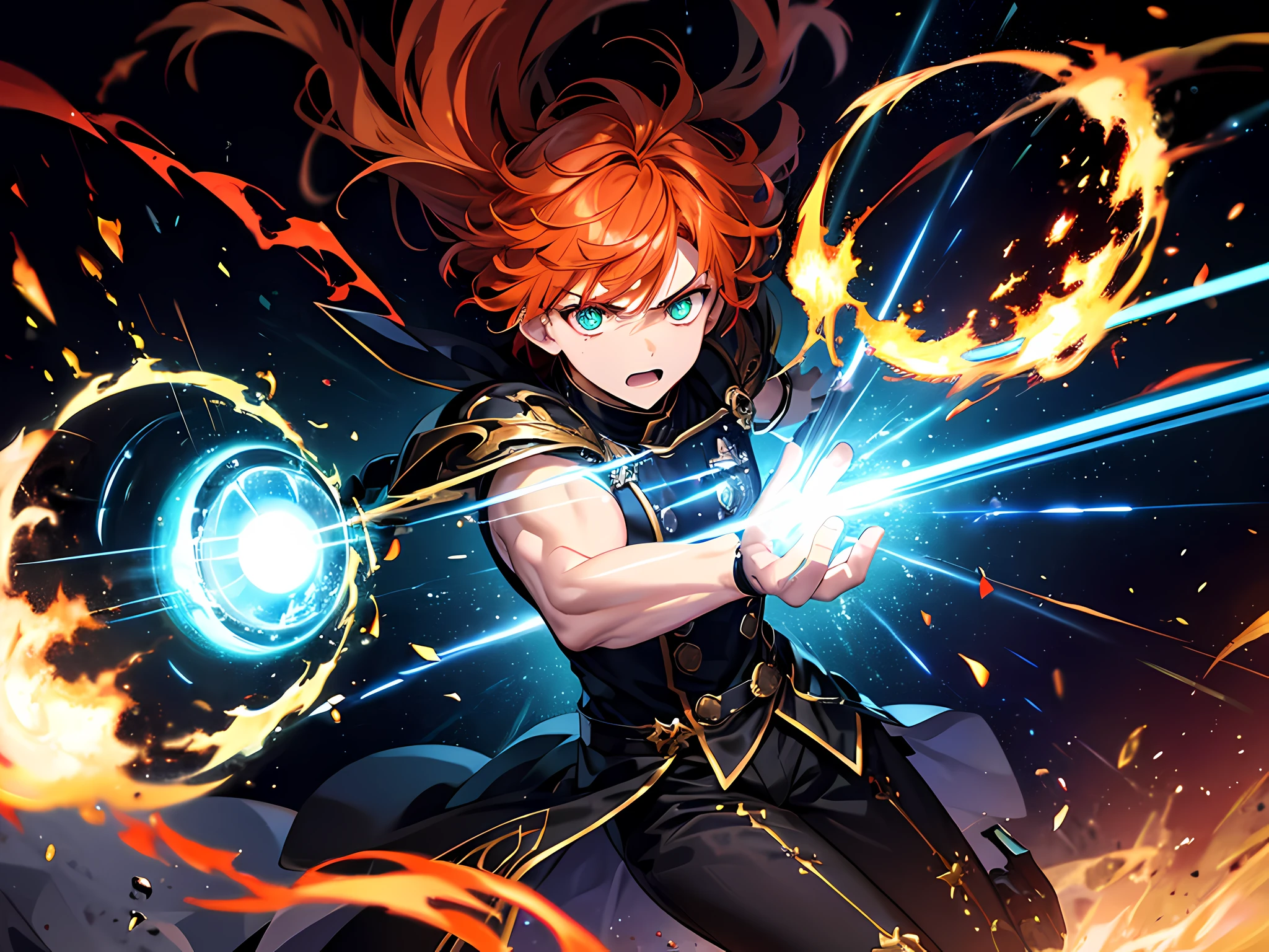 (ultra-detailed, full body illustration, perfect pixel, highres, best quality, beautiful eyes finely detailed), (full body:0.8), 19 years old boy, have power like demon god in manhwa, full of demonic aura, angry facial expression, red eye color (glowing green eyes), orange hair (half of his hair covered with blue flame), with demon king outfit, elegant, realistic fire, the background is full of magical particles and realistic blue fire. lens flare, glowing light, reflection light, motion blur, 8k, super detail, accurate, best quality, Ray tracing.