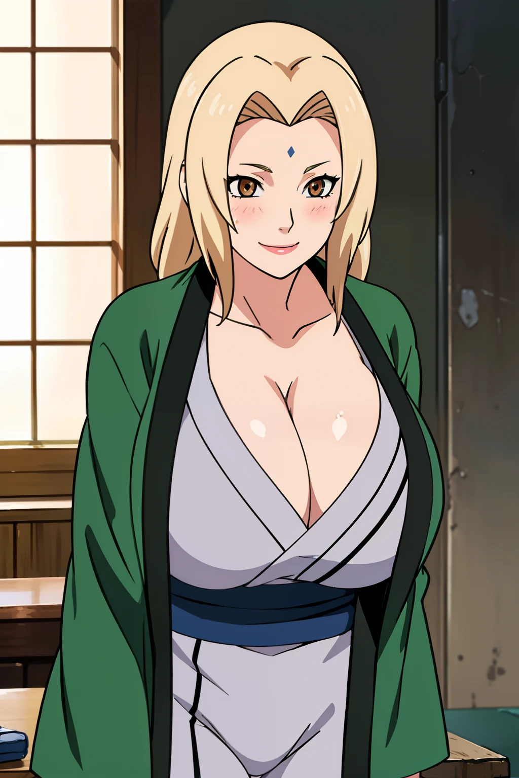 best quality, high resolution, 1girl, (huge breasts:1.2), Tsunade, blonde hair, brown eyes, mature female, blue pants, green coat, sash, (chest bandage), blush, embarrassed, smile