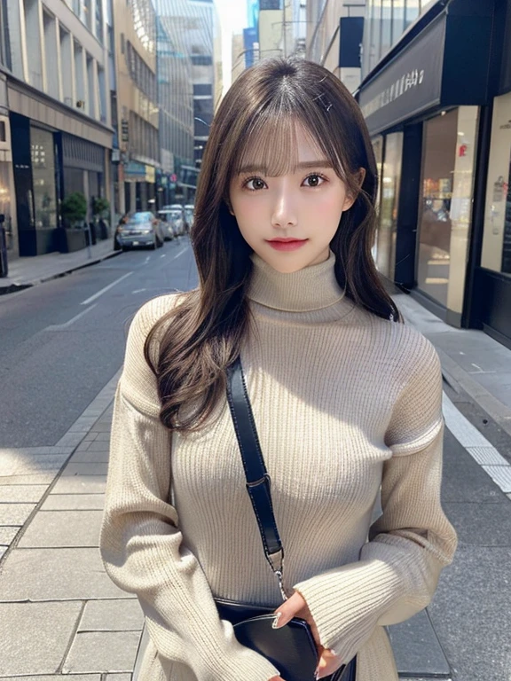 (huge tit、Turtleneck knitwear、Shoulder bag)、(top-quality,tmasterpiece:1.3,超A high resolution,),(ultra - detailed,Caustics),(Photorealsitic:1.4,RAW shooting,)Ultra-realistic capture,A highly detailed,HD 16K is suitable for human skin、 Natural skin texture、、The skin looks healthy,The color tone is even、 Use natural light and color,A woman who is,jpn,,kawaii,brunette color hair,mid hair,(depth of fields、color difference、、Wide range of lighting、naturalshadow、)、(Hair swaying in the wind:1.2)、Street dresses are different for each picture
