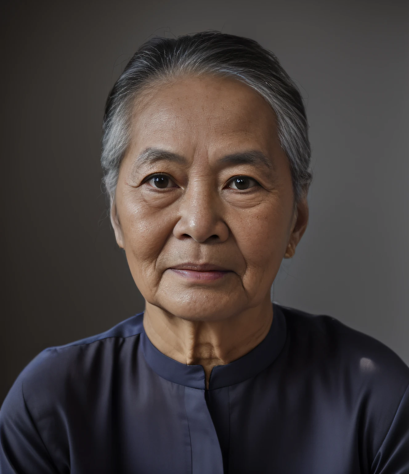 (best quality, 4k,8k,highres, masterpiece:1.2), Highly realistic photo, Portrait photo of a 90-year-old Vietnamese woman, (wearing a 1975s Vietnam blouse),((austere facial features)), ((skinny face)), poor people's clothes, Gray hair, ((dark blue background)), photo taken in 1975 by kodak.