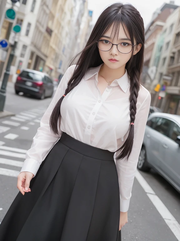 masterpiece, top quality, best quality, 1girl, black hair, long hair, bangs, ((city)), small breast, braid, standing, glasses, closed clothes with long hands, long skirt