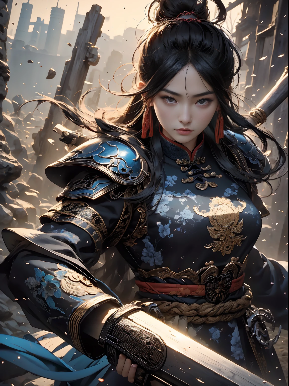 (((Chinese man))) best quality, very high resolution, detailed CG in 4K, masterpiece, woman, black hair, blue armor, Chinese people, Chinese tribes, Chinese city, forest, aesthetics, beautiful image, centered on screen , whole body