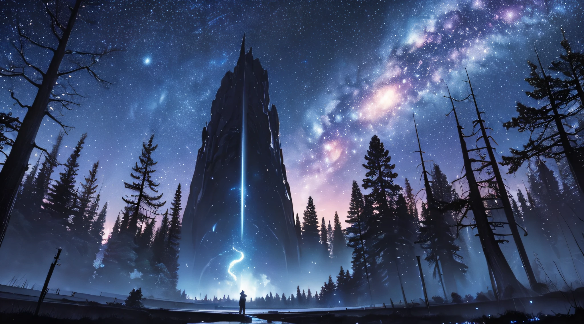 masterpiece、Background with((Fantastic starry sky、meteors、black hole))、Depth((massive trees、Fantastic、Luminescent))、a beauty girl、Onepiece、posterior view、From face to waist