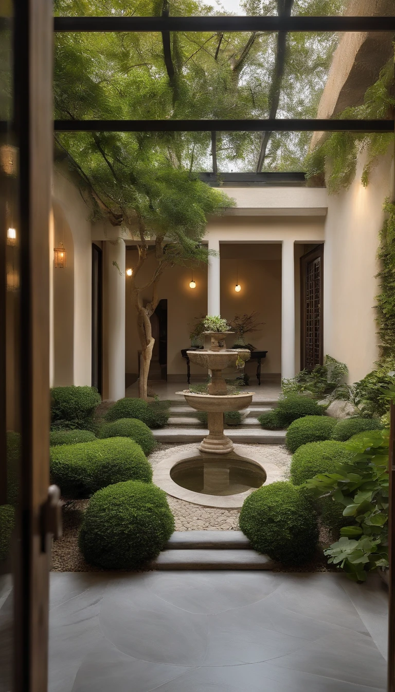 Access to the courtyard,You will see a spacious and sophisticated courtyard,The grounds of the courtyard are paved with high quality stone,Flat and smooth。The courtyard is surrounded by some greenery and flowers,Like an evergreen、shrubs and ornamental flowers, etc。The plants are placed and laid out with aesthetics and privacy in mind,Create a pleasant atmosphere。There is a small water scenic area in the middle of the courtyard,Water flows from the stone fountain,Brings cool, natural sound。