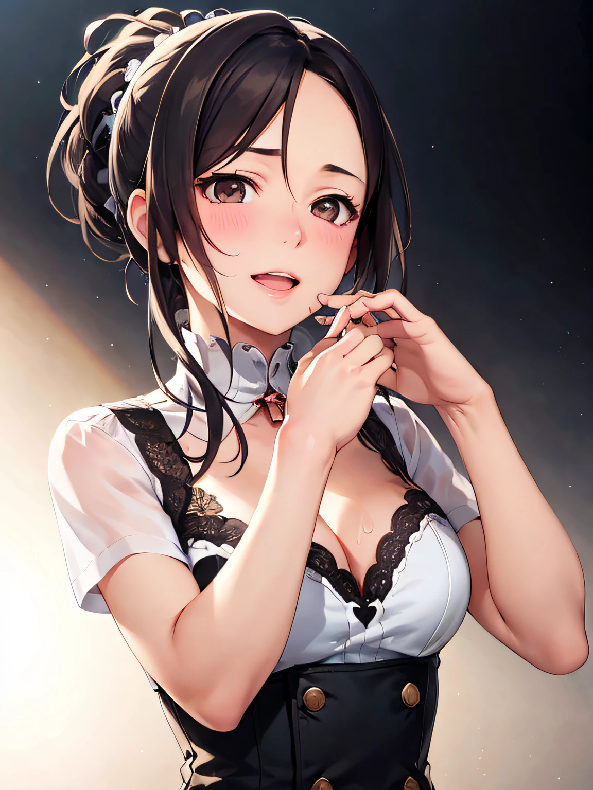 a housekeeper woman, (((extremely rough mesh apron))), (small breasts, close-up breast and face, nipples), (orgasm face and smiling, open mouth), stylish glasses, braid, headband, touching her breasts, angle from below,