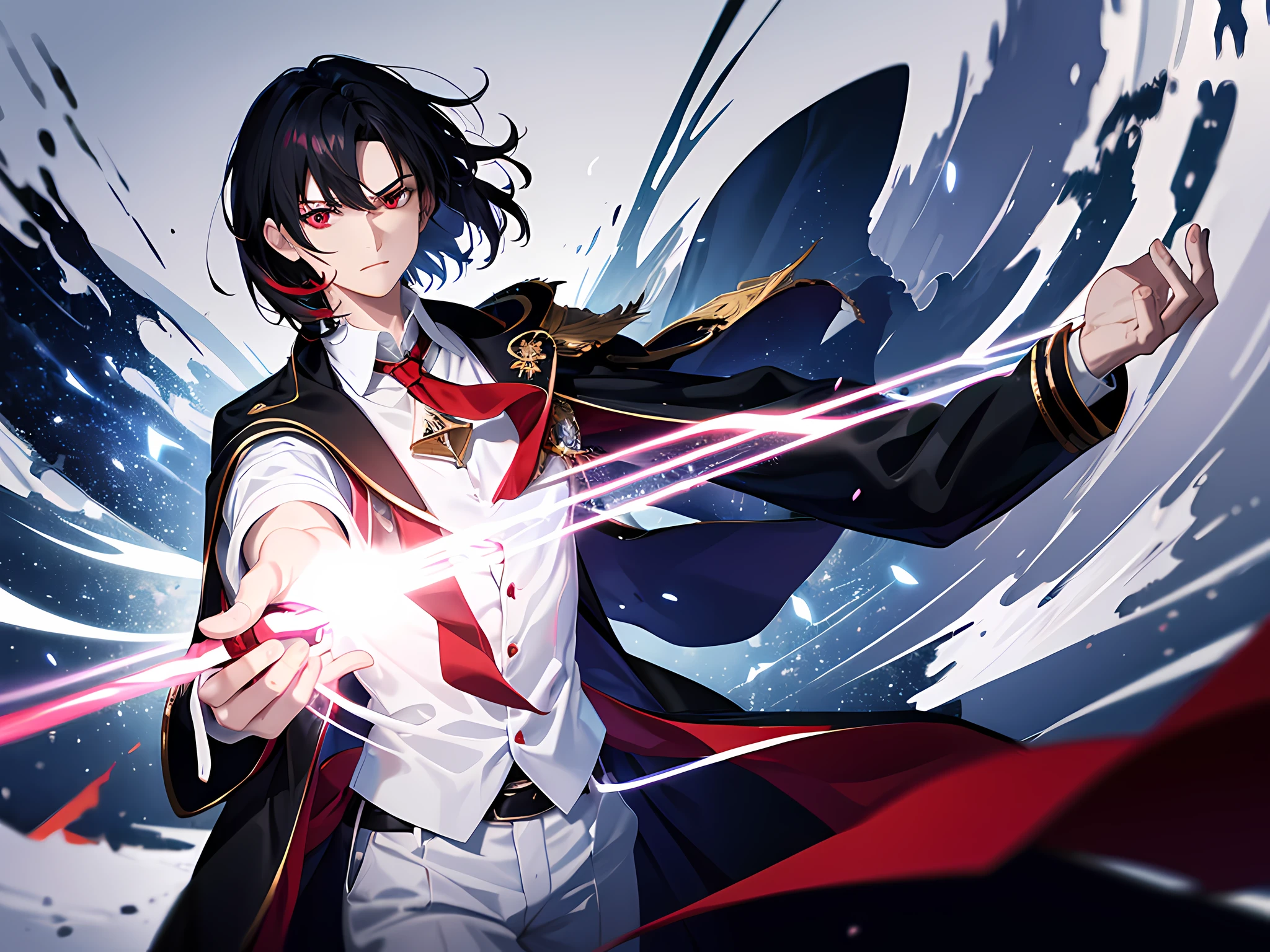 (ultra-detailed, perfect pixel, highres, best quality, beautiful eyes finely detailed), 19 years old anime boy, short raven hair, wavy hair, parted bangs, navy hair, gradient hair color, flowing crimson hair that dances like flames, there is many red fire swirling around his body (transparent:0.7), showing his over power aura (dangerous and terry aura), dangerous, he holding a magical sword, magus, red eyes, long white coat, white shirt, ((neckwear, long tie)), black trousers, aristocrat, noble attire, ethereal, elegant, prestigious, realistic fire, the background is full of magical particles and realistic blue fire. lens flare, glowing light, reflection light, motion blur, 8k, super detail, ccurate, best quality, Ray tracing.