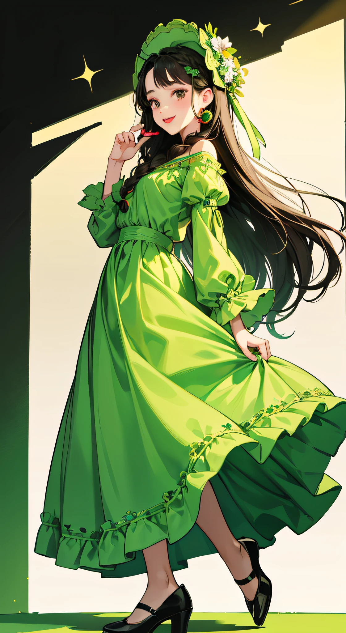 Full body portrait、Hand-drawn illustration,Cute 14 year old girl in cute green outfit、Smile innocently、Dark hair、red lipsticks、Black eyes、On the head wears luxurious accessories、The hairstyle is braided、I wear a long skirt、The background is pop and cute.........、