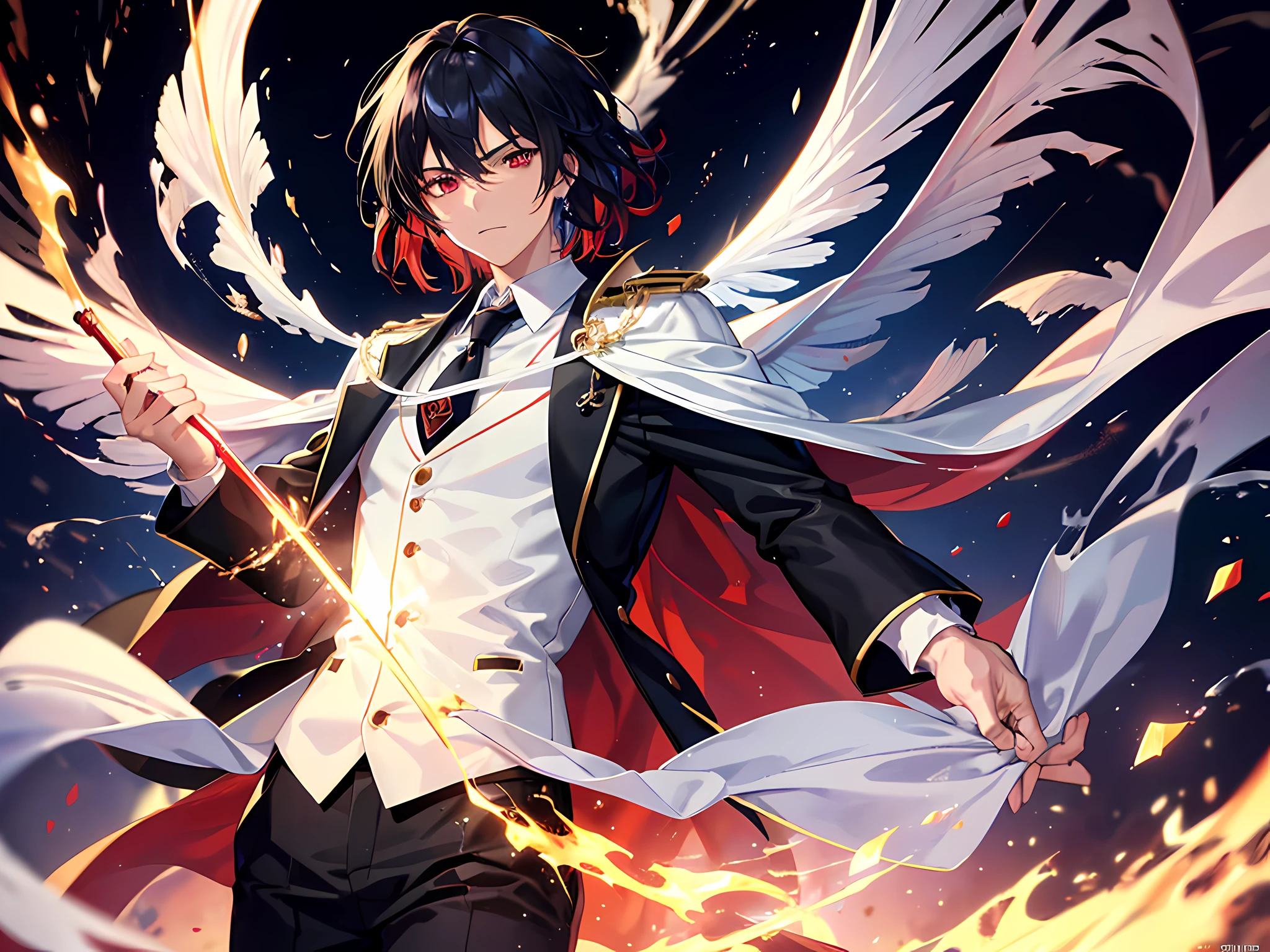 (ultra-detailed, perfect pixel, highres, best quality, beautiful eyes finely detailed), 19 years old anime boy, short raven hair, wavy hair, parted bangs, navy hair, gradient hair color, flowing crimson hair that dances like flames, there is many red fire swirling around his body (transparent:0.7), showing his over power aura (dangerous and terry aura), dangerous, he holding a magical sword, magus, red eyes, long white coat, white shirt, ((neckwear, long tie)), black trousers, aristocrat, noble attire, ethereal, elegant, prestigious, realistic fire, the background is full of magical particles and realistic blue fire. lens flare, glowing light, reflection light, motion blur, 8k, super detail, ccurate, best quality, Ray tracing.