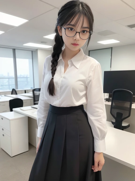masterpiece, top quality, best quality, 1girl, black hair, long hair, bangs, ((office)), small breast, braid, standing, glasses, white shirt, black long skirt,