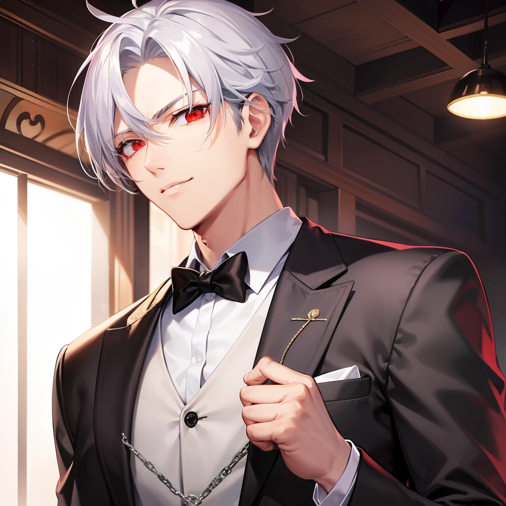 A handsome man with red eyes and silver hair