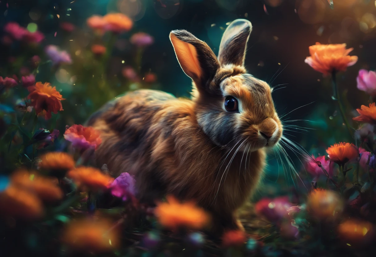 bunny, blur, bunny, flower, nature, no_humans, depth of field, to8contrast style, DARK_Glam, wearing DRK_Glam, deep shadows, (dark: 1.4), (8k, RAW photo, best quality, masterpiece: 1.2), painting by Van Gogh