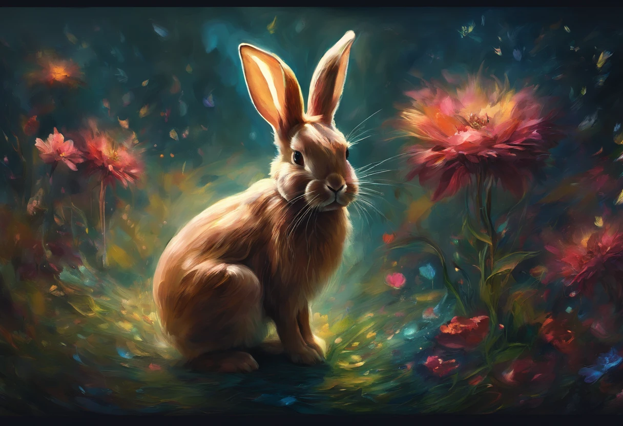 bunny, blur, bunny, flower, nature, no_humans, depth of field, to8contrast style, DARK_Glam, wearing DRK_Glam, deep shadows, (dark: 1.4), (8k, RAW photo, best quality, masterpiece: 1.2), painting by Van Gogh