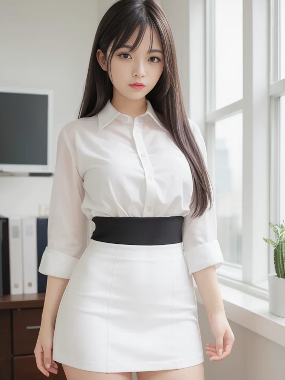 masterpiece, top quality, best quality, 1girl, black hair, long hair, bangs, ((office)), small breast, standing, white shirt, black long skirt, looking at viewers,