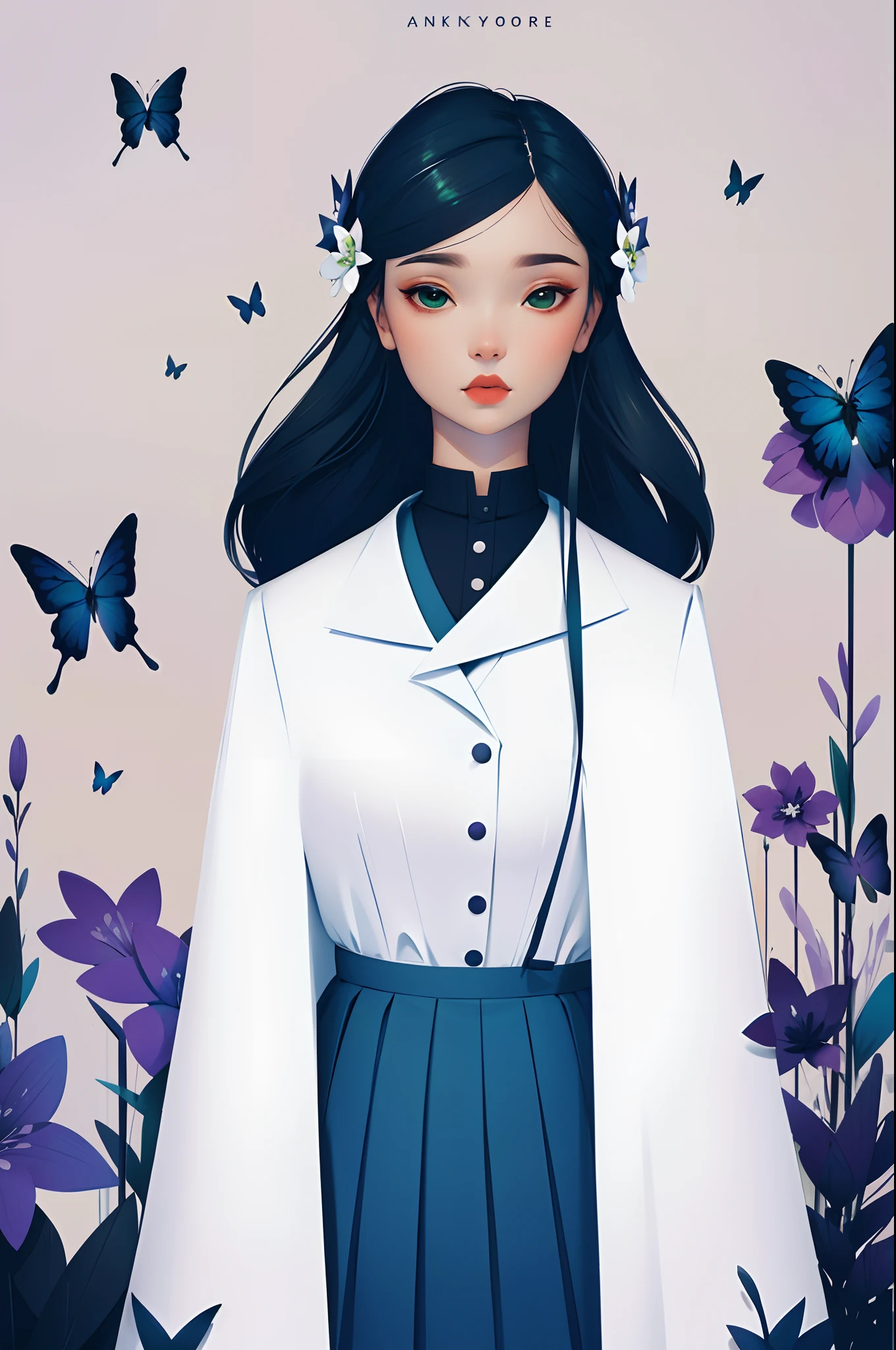 secret flower, ankymoore,
1girl, girl wearing headphones, solo, looking at viewer, blue , green eyes, butterfly hair ornament, flower, hair flower,heterochromia, lipstick, kanzashi, full body image, grey and black colour combination , wearing fashionable autumn clothes