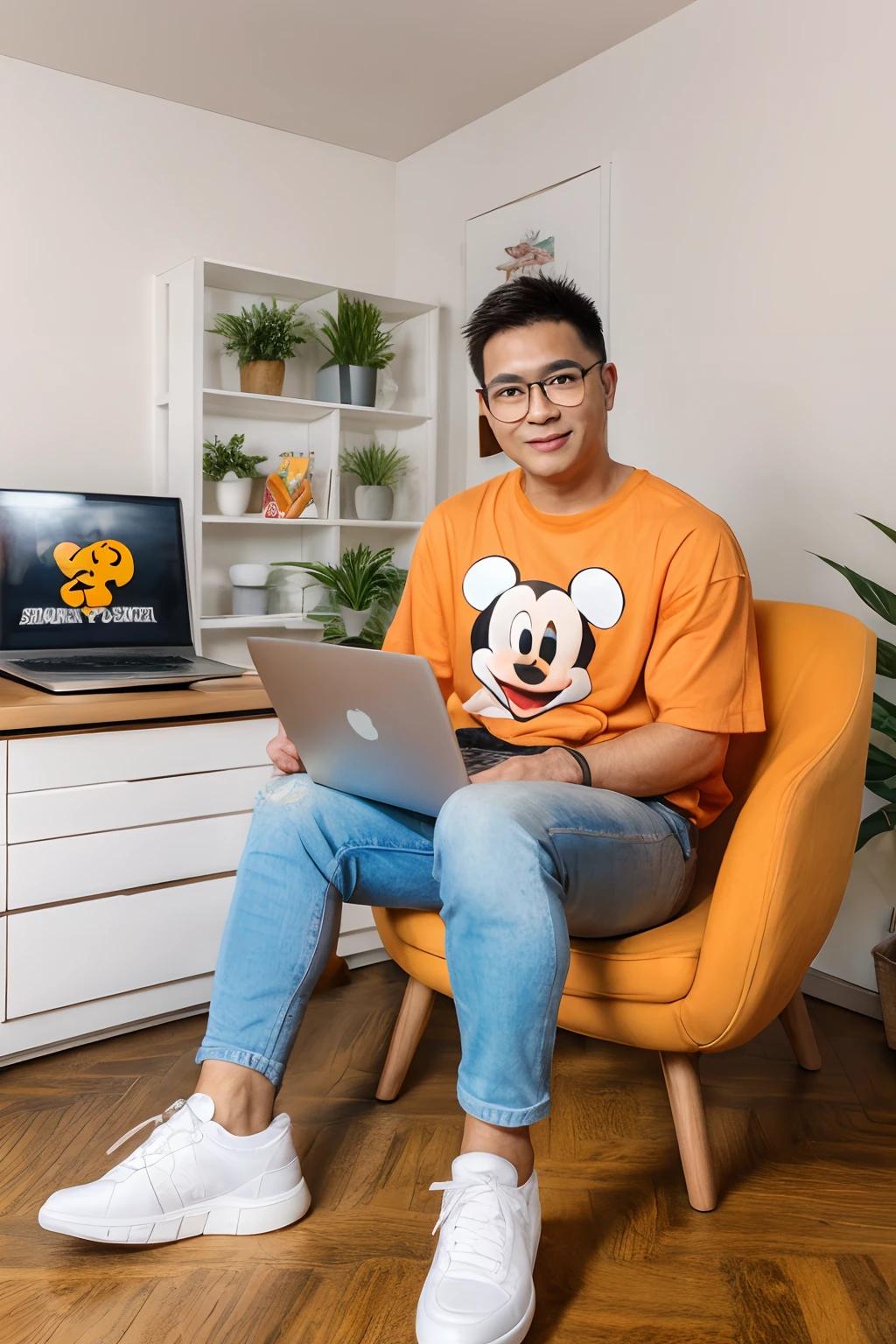 Andrew thomas huang, sitting in the chair, minimalis office room, laptop on the table, eyeglasses, (neat muscular), orange mickey mouse tshirt, jeans, white sneakers,