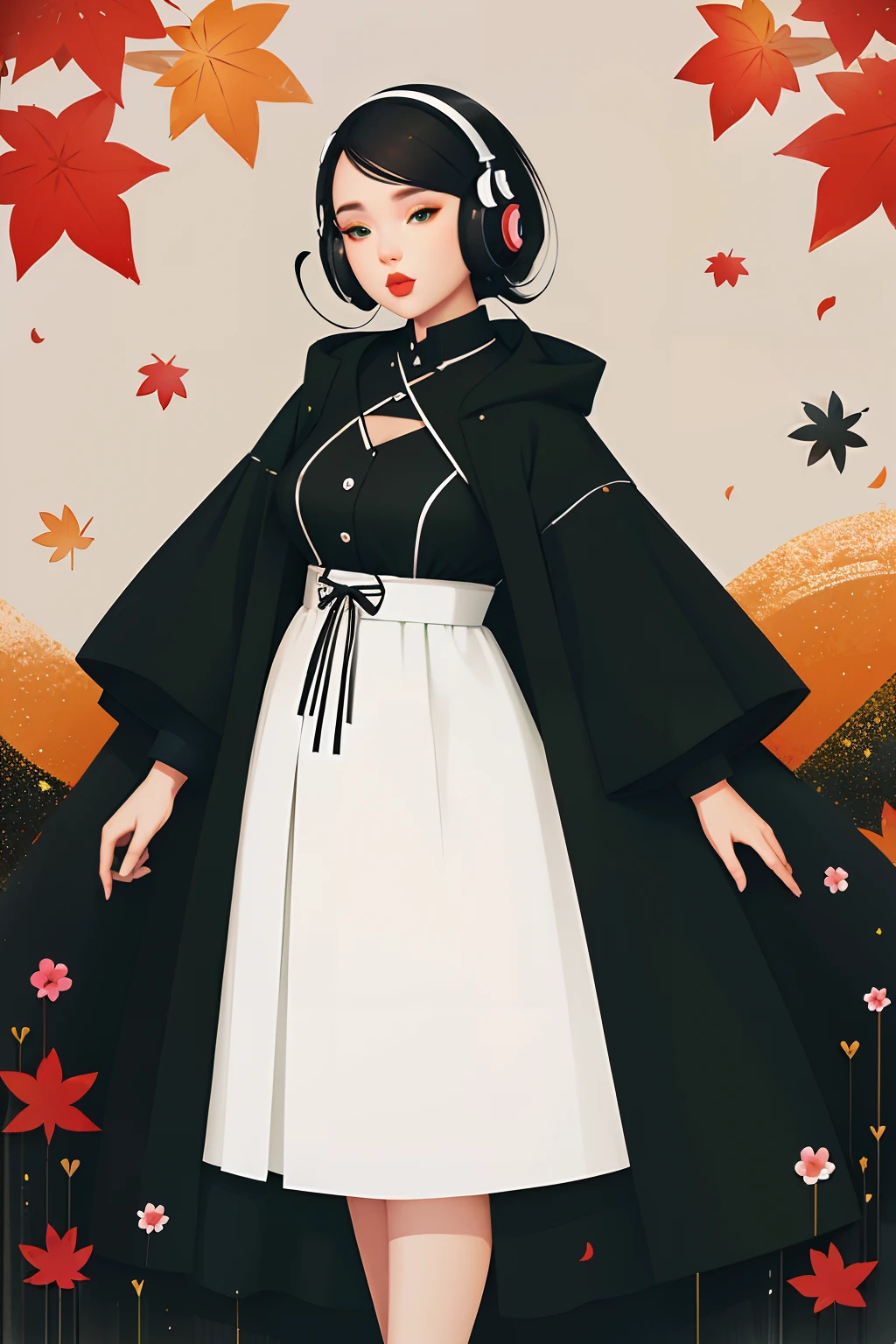 secret flower, ankymoore, beautiful chubby girl, girl wearing headphones, solo, looking at viewer, grey and black , green eyes, flower,heterochromia, lipstick, kanzashi, full body image, grey and black colour combination , wearing fashionable autumn clothes