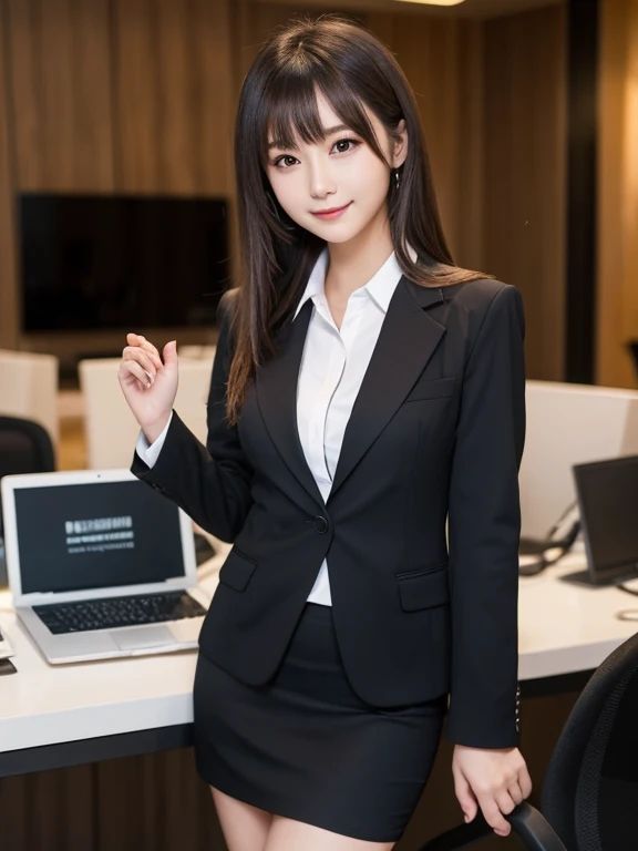 ((glistning skin))、女の子1人、15 year old beautiful girl in Prague、bright expression、with round face、Glossy glossy skin、(Medium Hair)、eye liner、Beautiful bangs、Hair between the eyes、Digital SLR、Soft light、hightquality、natural soft light、Looking at the camera, Soft smile、Secretary, black business suits, black suits(high-heels), High floor office background、Black tight skirt, a computer, personal computers、Beautiful standing figure