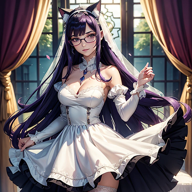 Il y a une femme adulte avec des lunettes ,wedding dress with sleeves, wedding viel, long skirt, cat ears, white stockings, Dark and purple hair, cheveux noirs et mèches violettes, oreilles de chat sur la tête, gros seins, belle poitrine , Décolleté important, Avatar de seconde vie, Belle capture d’écran, charme , Seconde vie, Plan rapproché entre les jambes , femme séduisante, portant des lunettes noires brillantes