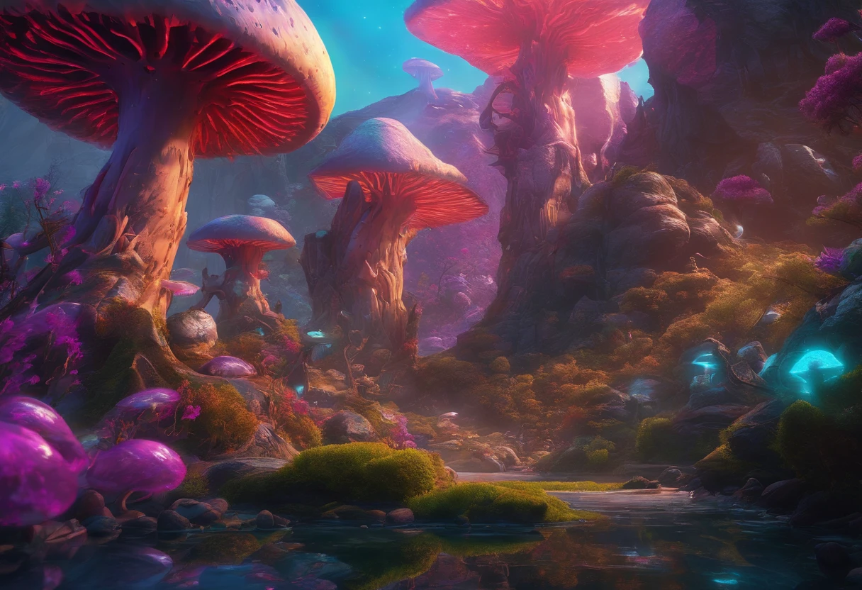swpunk, synthwave, paint splatters, (extremely detailed 8k wallpaper), a crazy alien landscape with giant glowing mushrooms and colorful moss growing on rocks, ray tracing, detailed reflections, Intricate, High Detail, dramatic, best quality masterpiece, photorealistic, detailed, 8k, HDR, backlighting, bloom, light sparkles, chromatic aberration, sharp focus