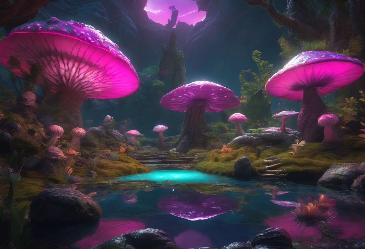 swpunk, synthwave, paint splatters, (extremely detailed 8k wallpaper), a crazy alien landscape with giant glowing mushrooms and colorful moss growing on rocks, ray tracing, detailed reflections, Intricate, High Detail, dramatic, best quality masterpiece, photorealistic, detailed, 8k, HDR, backlighting, bloom, light sparkles, chromatic aberration, sharp focus