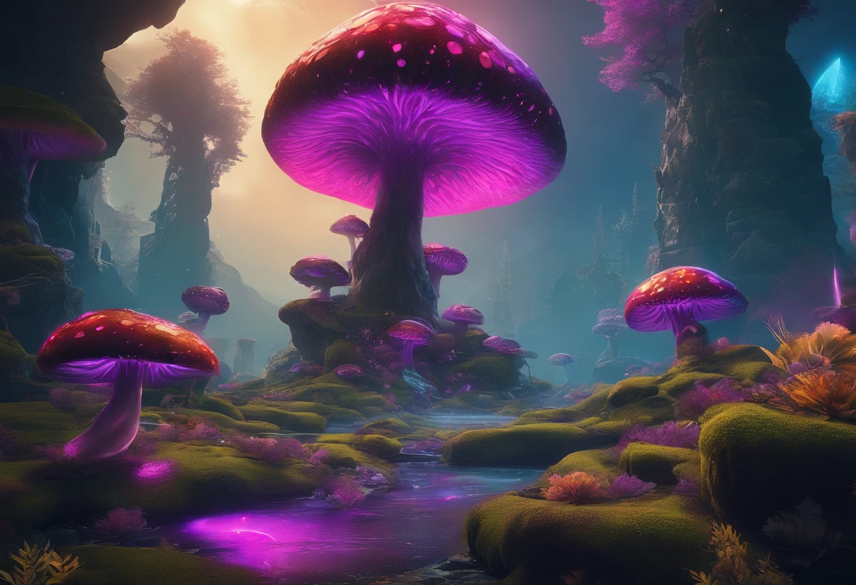 swpunk, synthwave, paint splatters, (extremely detailed 8k wallpaper), a crazy alien landscape with giant glowing mushrooms and colorful moss growing on rocks, ray tracing, detailed reflections, Intricate, High Detail, dramatic, best quality masterpiece, photorealistic, detailed, 8k, HDR, backlighting, bloom, light sparkles, chromatic aberration, sharp focus