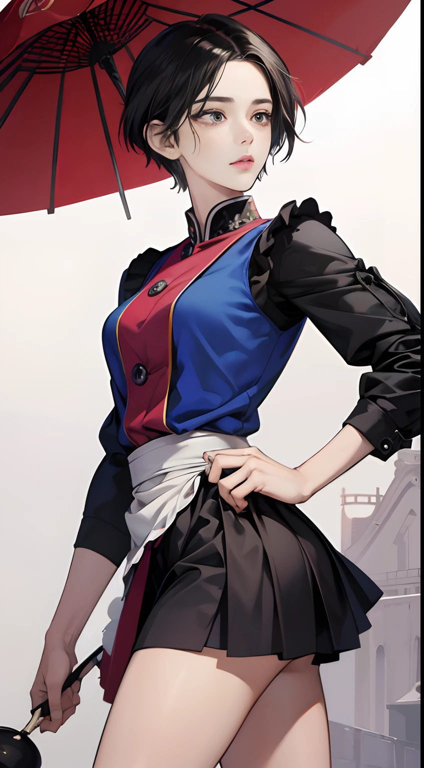 Hirohiko Araki, Thomas Crane, Surreal, mysterious, strange, fantastical, fantasy, Sci-fi, Japanese anime, android miniskirt beautiful maid, short hair, boyish, perfect voluminous body Preparing tea, detailed masterpiece detailed hand drawing colour fine lines
