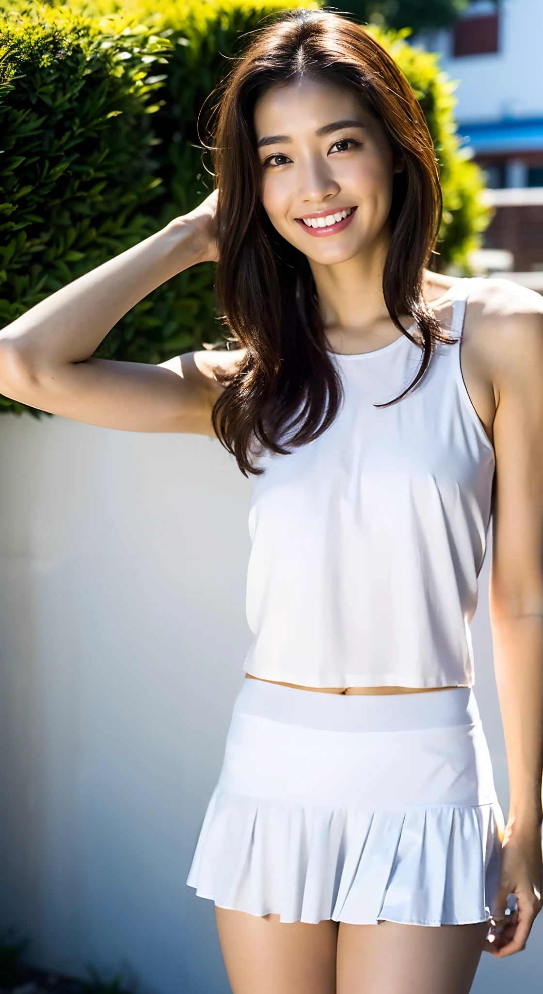 NSFW:1.2,City park in the evening、On asphalt、32K、Top image quality、Light grey sleeveless T-shirt、no-bra、(((Hand Lift Mini Skirt、Lift the hem of the micro mini skirt with both hands to reveal the panties、You can see the pale off-white panties)))、(Female genitalia can be seen through、)、Happy smile、(Bob Hair)、slightly bulging、slender physique、small tits:1.5、stature: 157cm,Somewhat short,Beautiful face、