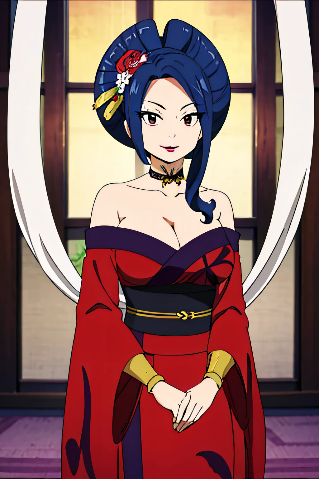 KURENAIKOGETSU, DARKBLUE HAIR,HAIR ORNAMENT, HAIR FLOWER, LIPSTICK,COURTESAN HAIRSTYLE,
KIMONO,BARE SHOULDERS, GAUNTLETS, SILK SCARF BEHIND HER BACK, BUTTERFLY CHOKER, 1girl, solo, facing viewer, looking at viewer, upper body, smile