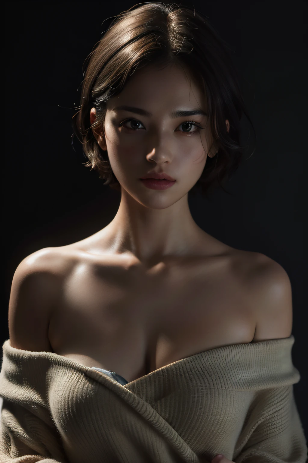 Best quality, masterpiece, ultra high res, (photorealistic:1.5), raw photo, 1girl, offshoulder, in the dark, deep shadow, low key, cold light, sexy look, short hair