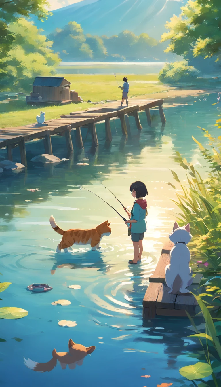 Realistic kittens and puppies fishing by the lake