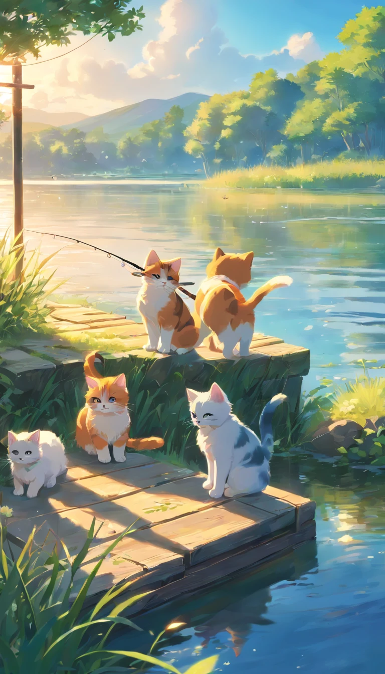 Realistic kittens and puppies fishing by the lake