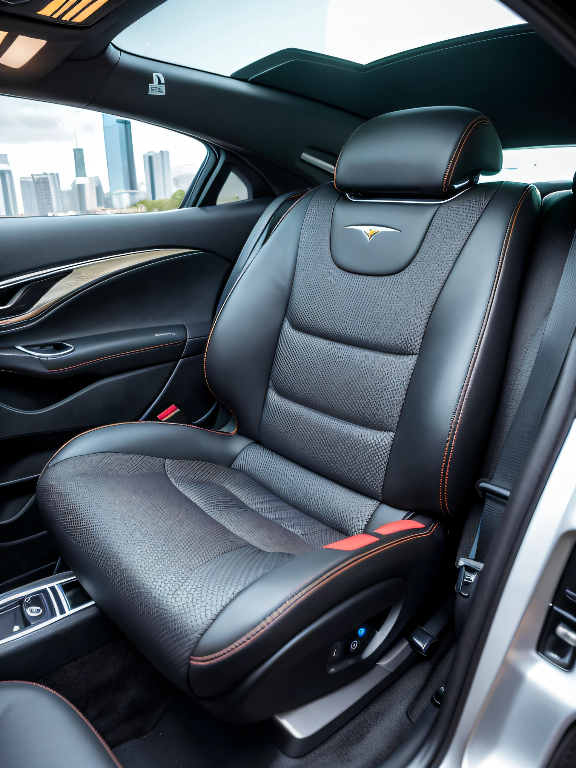 Close-up of a car seat against a background of a cityscape, futuristic design, Concept car, inside car, future design, conceito, Very futuristic, very cozy], futuristic product car shot, concept ar, modern car design, photo from 2022, Pininfarina, Elegant interior, futuristic concept design, futuristic hi-tech details，Marine theme，Marine design，The feeling of the sea，Characteristics of seals:，Seal leather，Seal leather，Sea lion leather，Super detailed textures