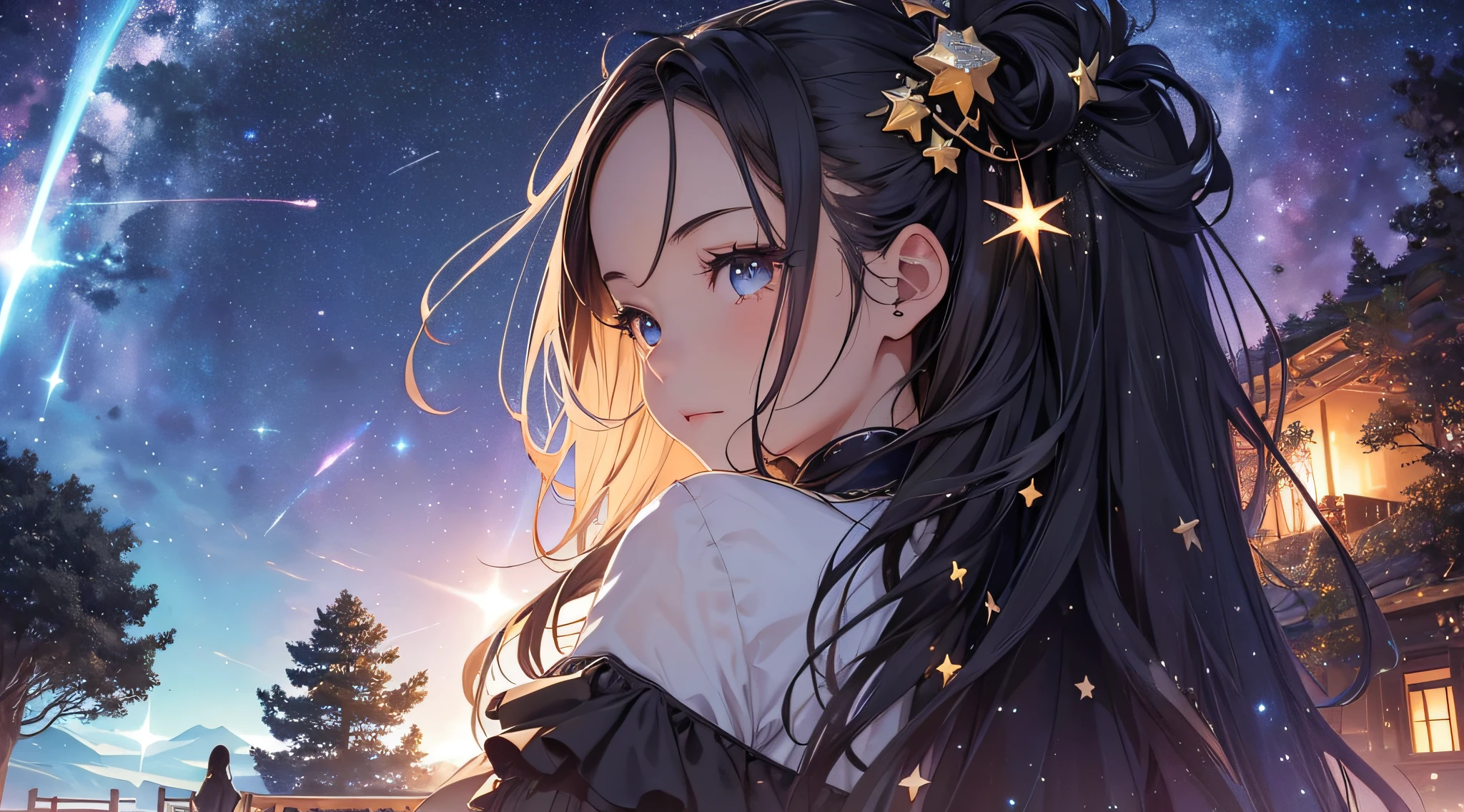 masterpiece、High Detailed Girls((a beauty girl、onepiece、Rear view、Highly detailed hair ornament、Twin-tailed))、Background with((Fantastic starry sky、meteors、black hole))、Depth((Giant Tree、Fantastic、Luminescent))、