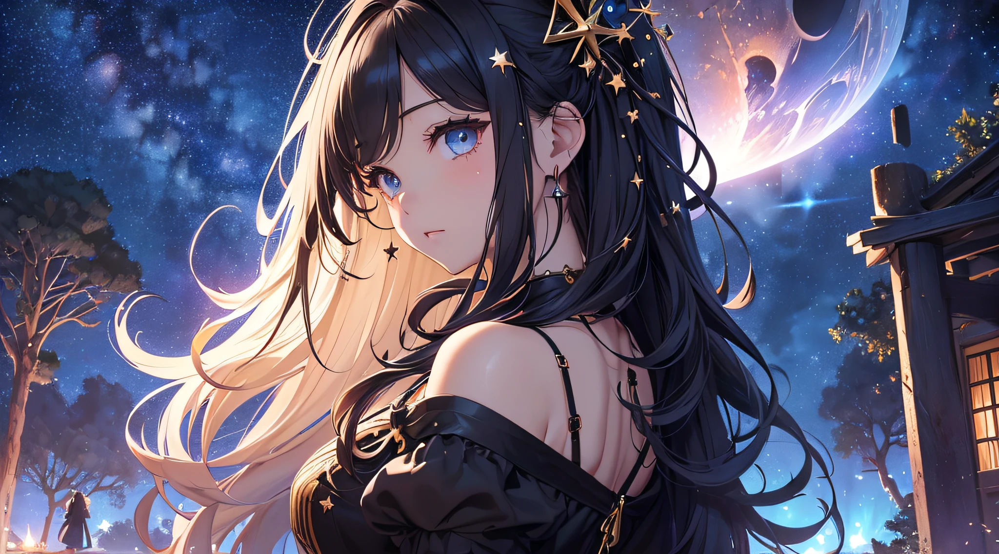 masterpiece、High Detailed Girls((a beauty girl、onepiece、Rear view、Highly detailed hair ornament、Twin-tailed))、Background with((Fantastic starry sky、meteors、black hole))、Depth((Giant Tree、Fantastic、Luminescent))、