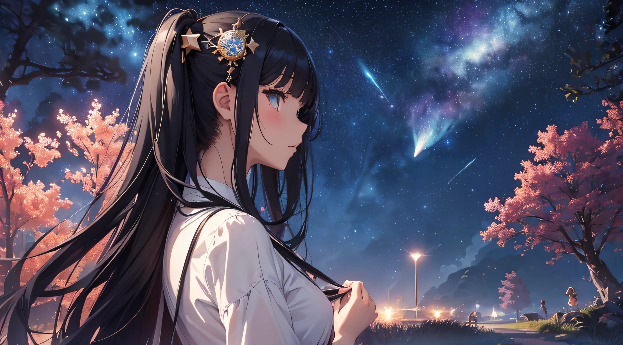 masterpiece、High Detailed Girls((a beauty girl、onepiece、Rear view、Highly detailed hair ornament、Twin-tailed))、Background with((Fantastic starry sky、meteors、black hole))、Depth((Giant Tree、Fantastic、Luminescent))、