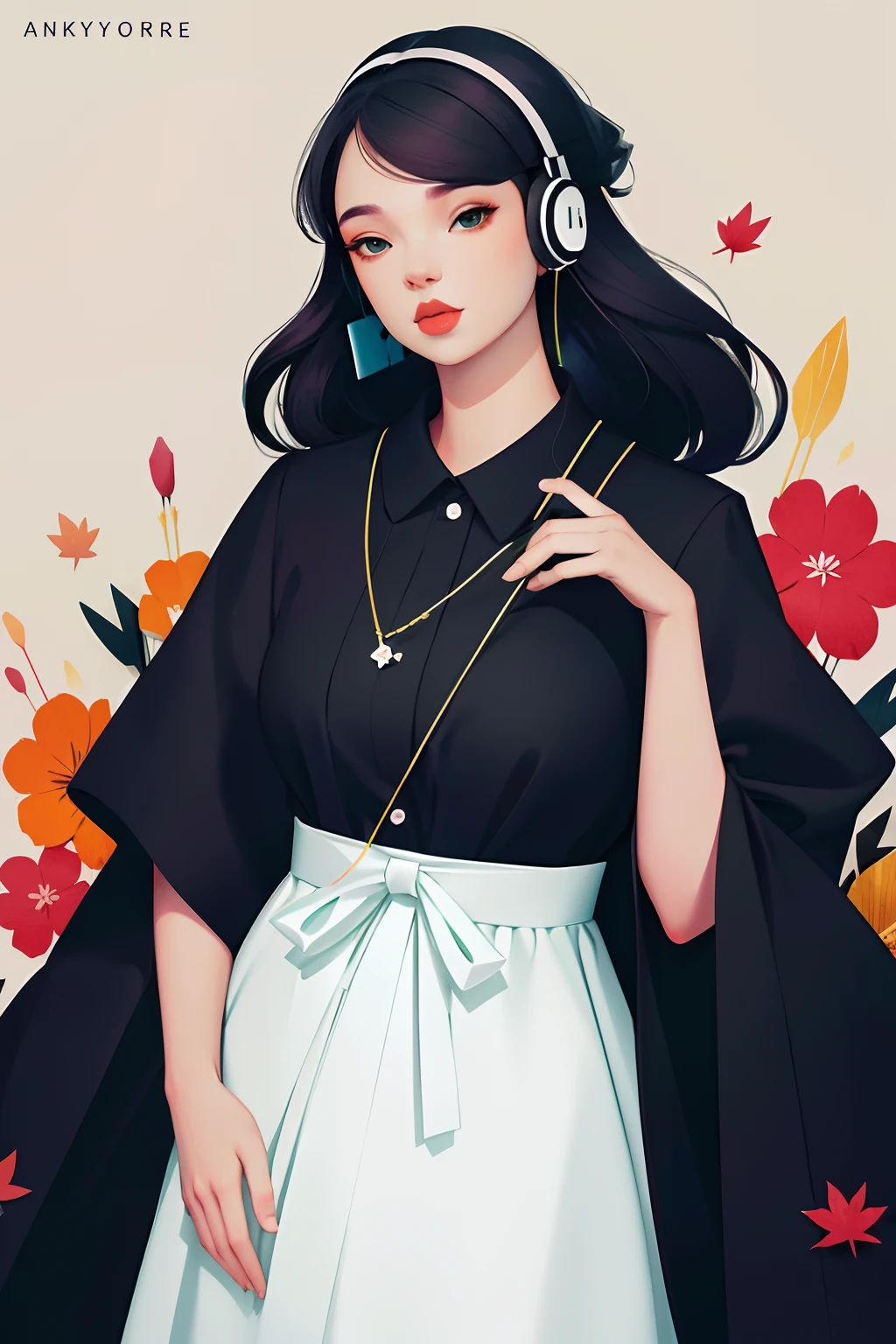 secret flower, ankymoore, beautiful  chubby girl, girl wearing headphones, solo, looking at viewer, grey and black , green eyes, flower,heterochromia, lipstick, kanzashi, full body image, grey and black colour combination , wearing fashionable autumn clothes