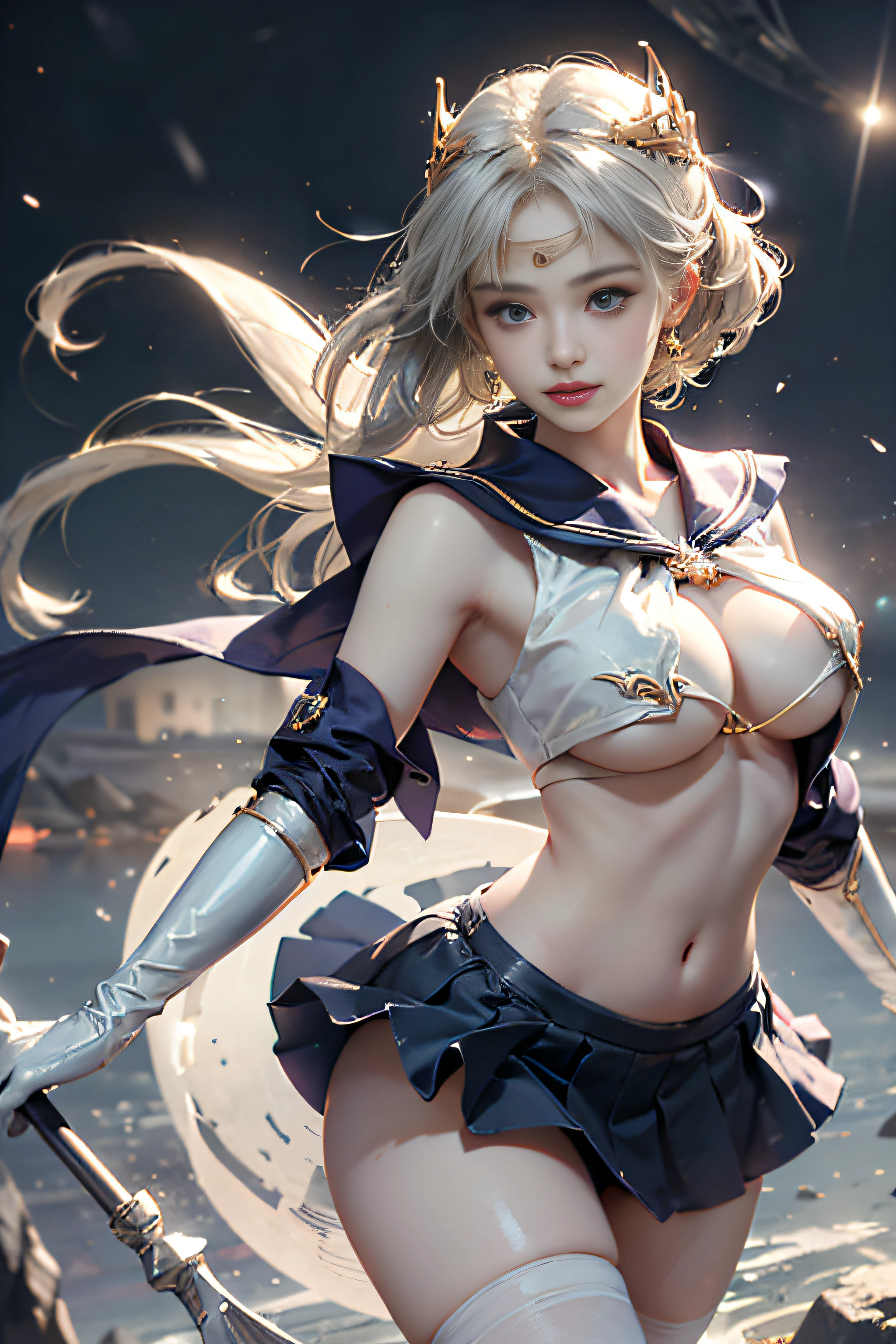 masterpiece、ful:1.3、stands、8K、。.。.。.。.3D、realisitic、Ultra Micro Photography、top-quality、Wallpapers with extreme details CG Unity 8K、frombelow、intricate detailes、(1 rapariga)、13years、Sailor Saturn:1.5,Hotaru Tsuchimoto:1.5,Sailor Senshi Uniform:1.2、Dark purple hair、Bob-cut hair fluttering in the wind,Sexy and dynamic model poses,dynamicposes,dynamic ungle、((Big long spear,battoujutsu stance,arma,Big sickle,Popol Weapon:1.2 )),(Purple sailor color,Purple pre-gate mini skirt:1.3、Purple Pleated Mini Skirt:1.3、very large red bow on the chest,,,,,,,,,,,,Very big red bow on the buttocks,,、Long white latex gloves,Purple gloves on elbows、Luxurious Golden Tiara、耳Nipple Ring,)、(Outline of the iris, Details of face:1.5、Bright blue eyes、Beautiful expression、beautidful eyes、shinny eyes、thin lipss:1.5、thin and sharp pale eyebrows,、long dark eyelashes、Double eyelashes、Luxurious Golden Jewelry、Thin, thin and muscular,,,,,,a small face、tiny chest、小柄,perfectly proportions、big breasts thin waist、Visible Pore、Young Face、Sad look,seducting smile、perfect hand:1.5、Very thin、Fits well、octan render、highly dramatic picture、Strong natural light、sunlights、exquisite lighting and shadow、Digital SLR、foco nítido: 1.0、Maximum clarity and sharpness、((kosmos:1.3,Saturn:1.5、Saturn ring:1.5、The sanctity of destruction and birth,cosmic background、rays of moonlight、Dynamic backgrounds、细致背景)),(meishaonv,tiarra,Gold tiara on forehead,a sailor suit)、(skirt rift:1.8)、(masterpiece、top-quality、hyper pretty face、write、zettai ryouiki、thighs thighs thighs thighs、see the beholder:1.4)、Super beautiful girl、gardeniass、8K、EF 50mm、Official art、Raw photo、absurderes、frombelow、is standing、(sad、angry:0.5)、 slender、Small waist、Thin arms、breasts of medium size,、face lights、Soft lighting、Warm colors、film grains、chromatic abberation、foco nítido、naturey、Frankness、extremely detailed eye and face、(、bokeh dof、blured background、White lace panties:1.2)(8K、RAW Photos、top-quality、masterpiece:1.2)、(realisitic、Photorealsitic:1.37)、1Beautiful Japan High School Girl、perfect bodies、20yr old、Sexy Girls Sailor Suit Costume、Medium Boob、(Light shines on the face and chest)、(((((underboob)))))、Lower breast、Oily skin、skinny、 (Sexy uniform with a slight view of the underside of the chest)、(Visible lower milk、Uniform with navel and ribs visible)、Super Ultra Mini Skirt with visible hipbones and lower abdomen , (Nebula background), (Full body shot), 1girl in, Solo, (European youth:1), Sailor Saturn, Sailor Senshi Uniform, red sailor collar, Dark blue pleated skirt, ((Golden white hair、Straight hair,poneyTail)), (Purple eyes:1), Beautiful face, Highly detailed face, Highly detailed eyes, highly detailedskin, Skin pores, Subsurface scattering, Realistic pupils, Full face blush, Full lips, Detailed background, depth of fields, Volumetric lighting, Sharp Focus,