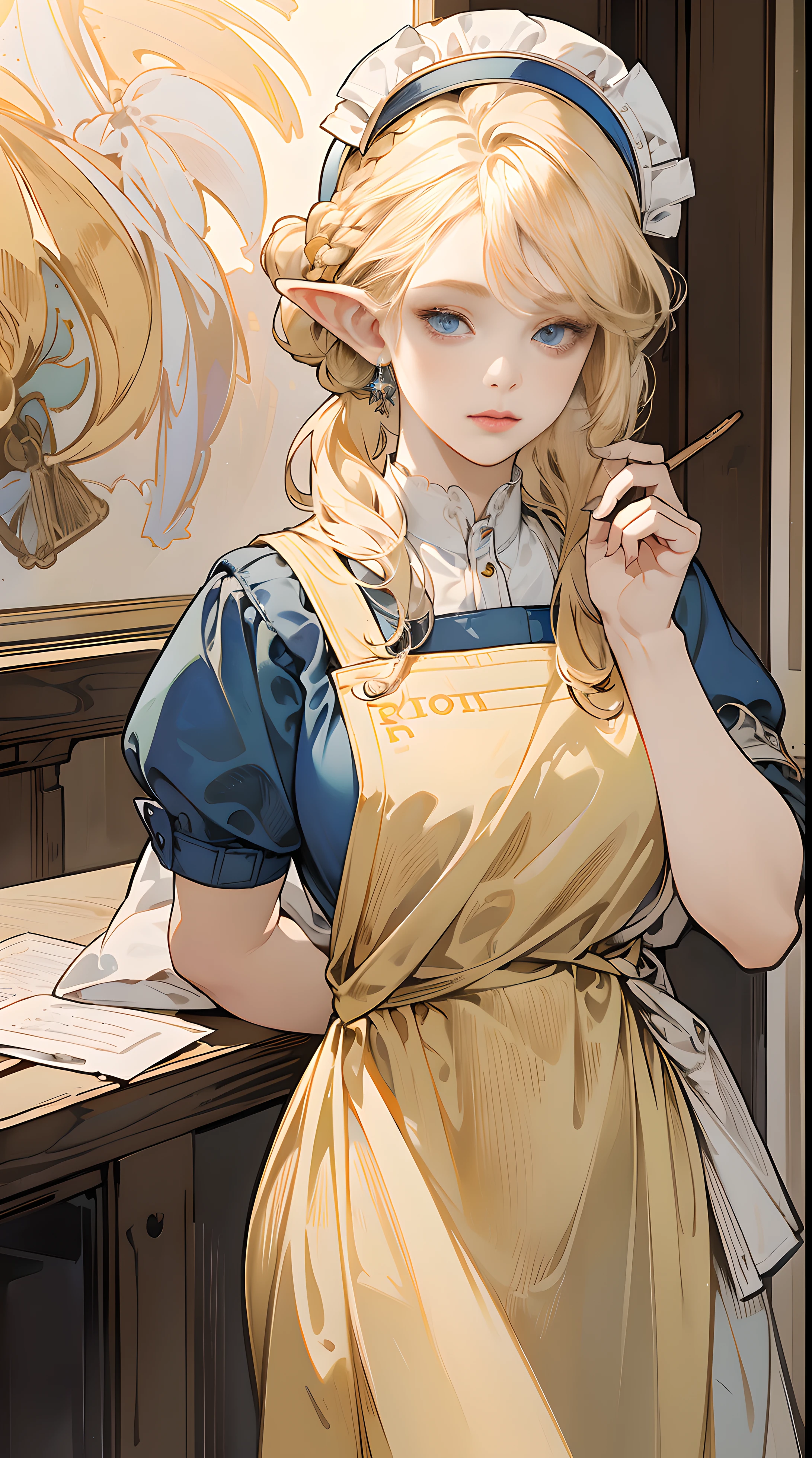(masterpiece), best quality, expressive eyes, perfect face, (1elf girl working at a fast food restaurant), ((wearing a yellow and red apron and a food service hat)), (standing behind the cash register with the menu on the board behind her), paint on her fingers, a large soda cup sitting next to her on the counter, ((clean and colorful restaurant interior)), (Braid Bun hair, short hair, Perfect lips, (white blonde hair, Deep Blue Eyes:1.2), Gentle expression. By Alphonse Mucha.
