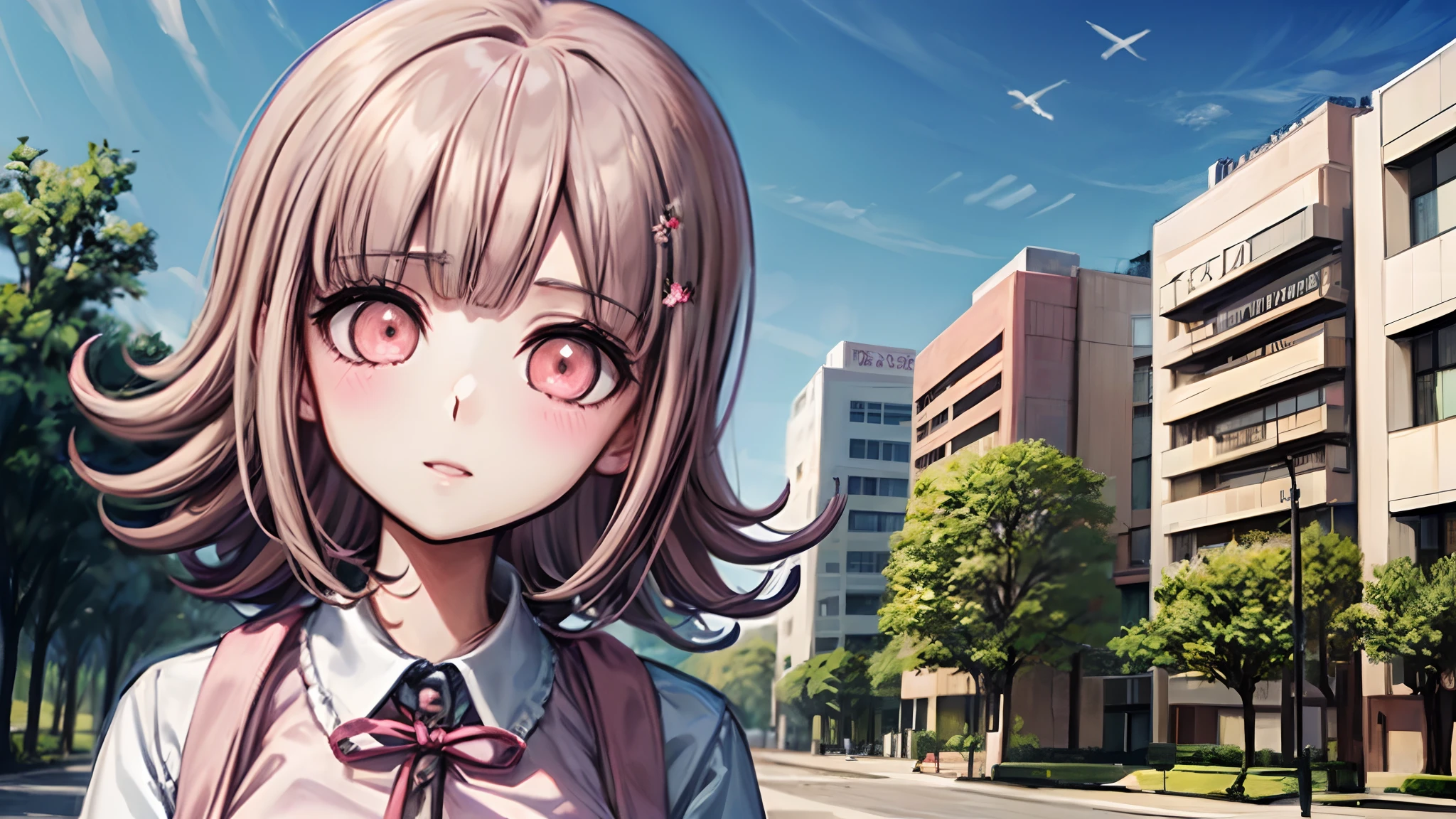 Chiaki nanami sentado en un banco del parque, Mirando al horizonte, pensativo, Estar absorto, Daylight, hermoso parque, Pelo corto rosa, ojos rosados, flequillo, Chaqueta con capucha verde azulado, Falda beige, Camisa con cuello de ehite, Horquilla, air particles, sentada, Descansando, 20 yrs old girl,Chiaki Nanami, Nanami Chiaki,Colores pastel, kawaii, sonrisa suave