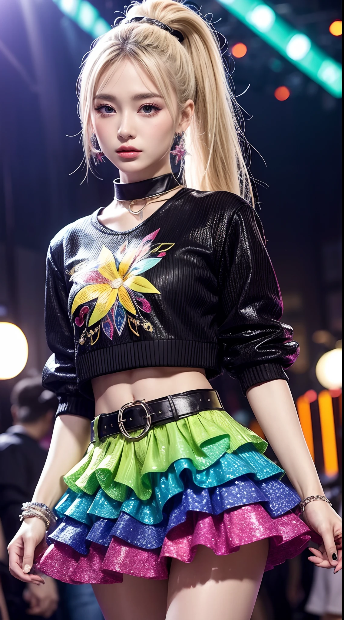 Y2k fashion, y2k outfit, vibrant night party scene, immersed in the vibrant atmosphere of a night party. The party scene is alive, a lively night part, and people having fun because part, capturing the spirit of party, night party, and self-expression that defined the party culture, midshot, centered image, ultra detail, extremely face detail, extremely eye detail, Floral-embellished Shirt, mini skirt, mini skirt, beautiful belt, blonde high ponytail hair, pale skin, colorfull outfit, colorfull theme