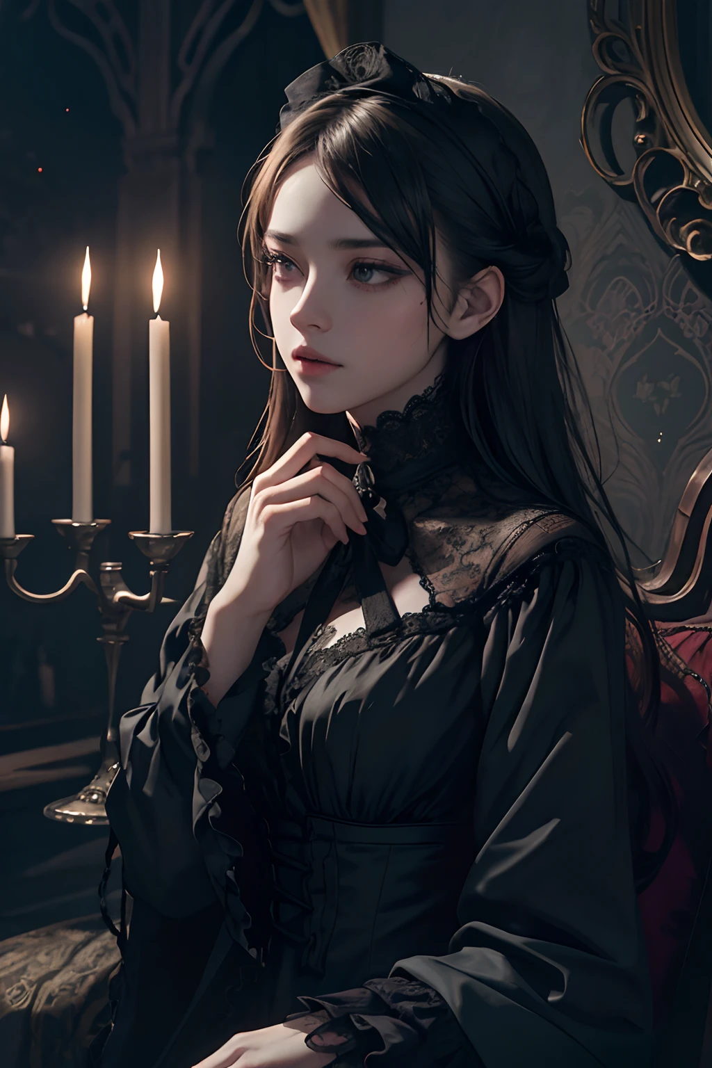 Official Art, Unity 8k wallpaper, super detailed, beautiful, beautiful, masterpiece, best quality,
darkness, atmosphere, mystery, romanticism, creepy, literature, art, fashion, victorian, decoration, intricacies, ironwork, lace, contemplation, emotional depth, supernatural,
1 girl, solo, neck, bust composition