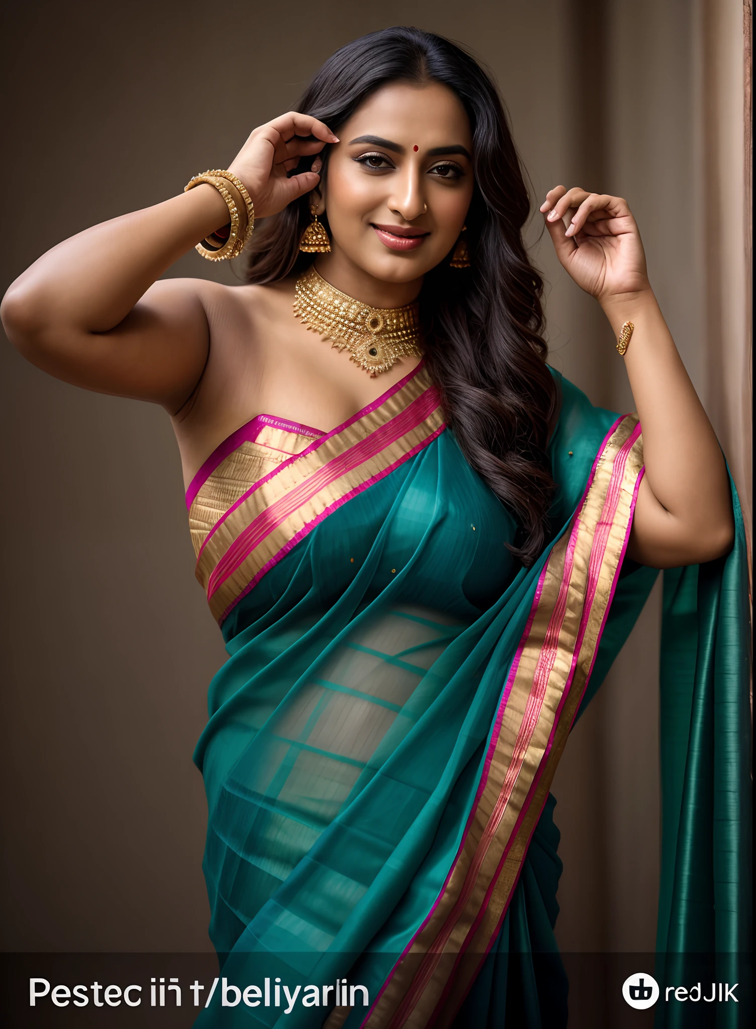 Foto RAW, photorealistic, photography, full body shot, master shot, goddess like beauty, perfect thick chubby mallu Desi aunty bhabhi, Wearing a Stanapatta, a chest-band.Saree model, model Photography, Indian saree shoot, Indian traditional wear advertising photography, traditional wear brand shoot, face of Indian actress Sonakshi Sinha, masterpiece, realistic, realism, incredible details, sensual pleasure, photorealism, detailed skin, skin pores, high contrast, photorealistic Artstation 8k HD digital art trend of high definition and detailed realistic skin texture, ultra detail, realistic skin texture, armature, best quality, ultra high definition, (photorealistic:1.4),, high resolution, detail, raw photo, Re sharp, by Lee Jefferies Nikon D850 Film Stock Photo 4 Kodak Portra 400 Camera F1.6 Lens Rich Color Ultra Real Realistic Realistic Textures Dramatic Lighting Unreal Engine Trending at Art Station Cinestill 800,(pele altamente detalhada: 1.2), 8k UHD, DSLR, soft-lighting, alta qualidade, grain of film, Fujifilm XT3,she didn't like to wear blouse or bra, she is happy to wear only saree, she hates blouse or bra,