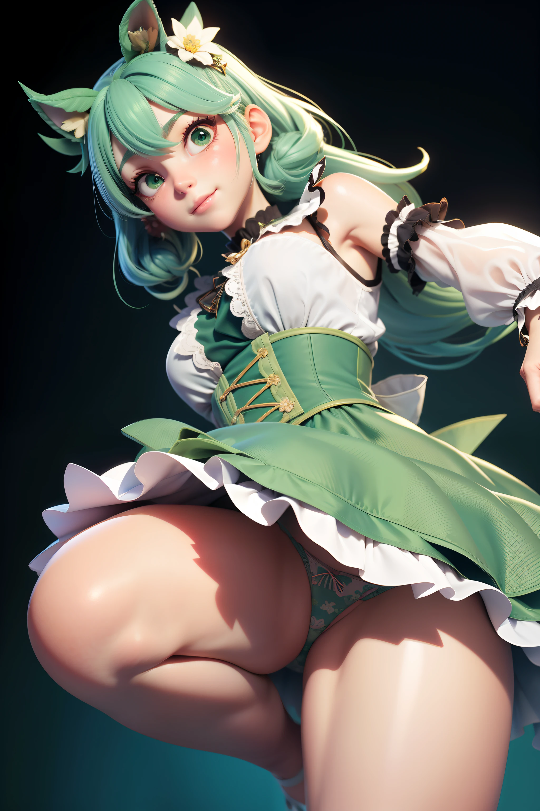 3DMM Style, (masutepiece, Best Quality), Intricate details, 1girl in, Solo, Green hair, flower hair clip, ｛Suspicious expressions｝、Green dress、a short skirt、Angle from below、 Looking at Viewer,｛{{skirt lift by yourself}}｝、{{{white  panties}}｝、pretty Panties、{{Panties exposed}}、{{ｵﾏﾝｺThe shape of the shape is clear}}、{{palpableｵﾏﾝｺ}}、{{{The panties are very see-through}}}、Light up in panties、{{The panties are digging into the crotch}}、{{Pubic hair grows}}、Manhair、{{{{Pubic hair through panties}}}}、{{{{Green pubic hair}}}}