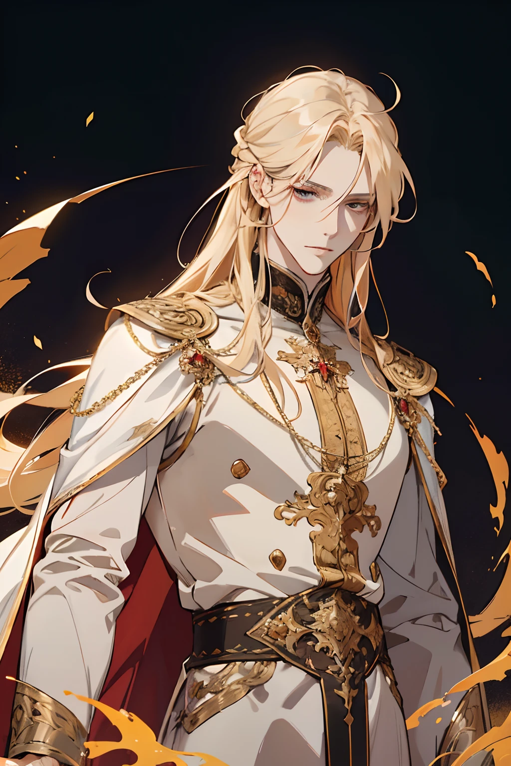 {(best quality, 8k, masterpiece, HDR, soft lighting, perfect image, digital illustration, manhwa art, hyper detailed image, perfect lines, realistic)} 1 very handsome man, shoulder length blonde hair, red eyes, luxurious clothes (imposing posture, black background with golden sparkles)}02 confident smirk
(absurd, high resolution, super detailed), 1 male, black eyes, long shoulder length blonde hair, outfit color goldered and white formal wear, Victorian clothing, white cape, (cold beauty: 1.2), adult, handsome, thin man, broad shoulders, fine eyes and detailed face, god, symbolism, sun visual arts, occult, universal, visual projection, philosophy, iconography, numerology, pop, art, alfonse Mucha main colors gold red white god of the sun