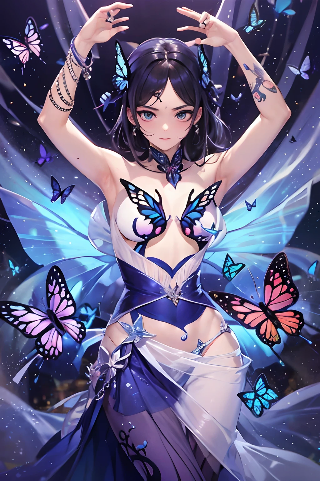 Butterfly tattoo，Dance，long  skirt，ballet dance，hands unfolded